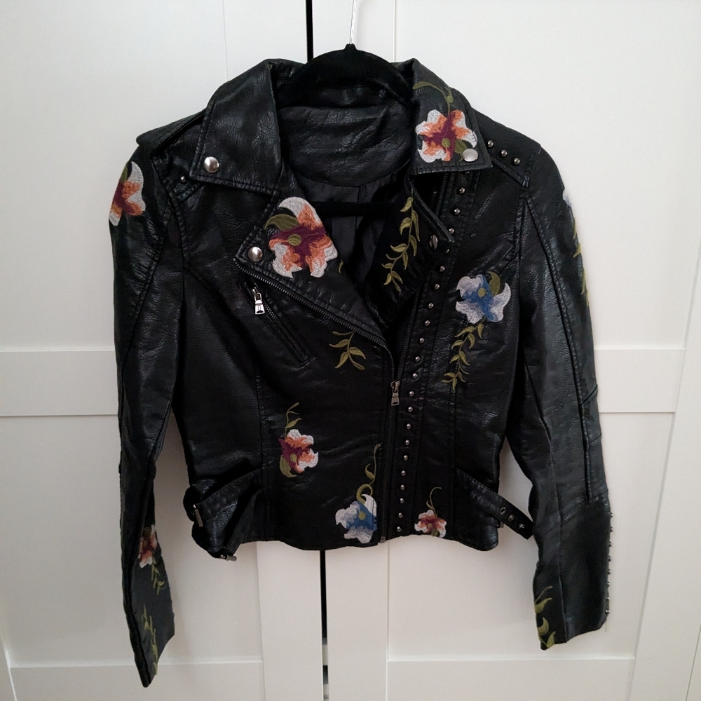 Floral Embroidered Black Leather Jacket